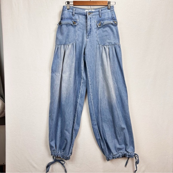 Veveret Light Wash Ankle Drawstring Jeans Size Small Baggy Balloon Pants - Picture 5 of 14